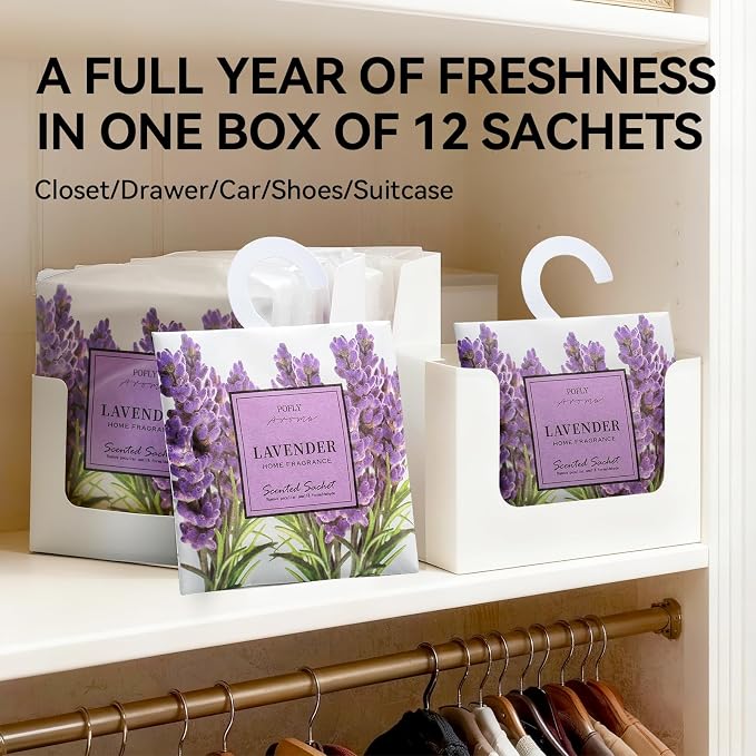 12 Pack Lavender Scented Sachets, Air Freshener for Home&Small Spaces | Hanging Sachet Bags with Retractable Hook; Closet Deodorizer & Odor Eliminator for Drawers, Shoe Cabinets, Cars & Luggage