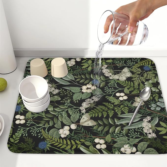 Sage Green Botanical Fruit Dish Drying Mat 16x18 Inch | Butterfly，Polyester，Absorbent Microfiber，for Kitchen Coffee Dining Bar Decor