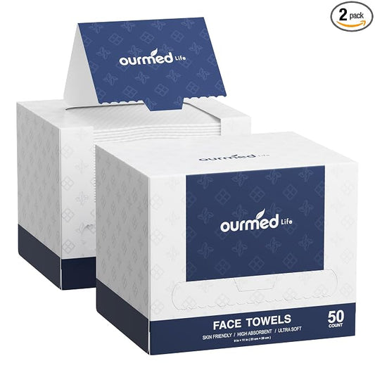 Ourmed Life Face Towels, 11"×9" Disposable Face Towel – Ultra-Soft, Thickened Facial Towelettes, Lint-Free Dry Wipes for Sensitive Skin, Ideal for Makeup Removal & Skincare (50 Count, 2 Pack)