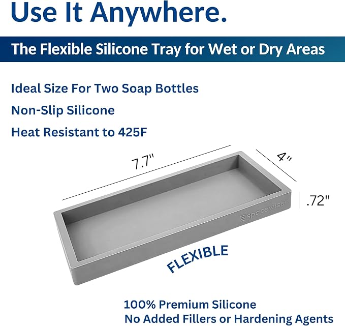 Spacewiser Countertop and Vanity Tray - 2 PC Small 7.7" Silicone Bathroom Trays, Kitchen Soap Tray, Dish Sponge Soap Holder Kitchen Sink Organizer Caddy, Bathroom Counter Trays for Lotion Dispenser