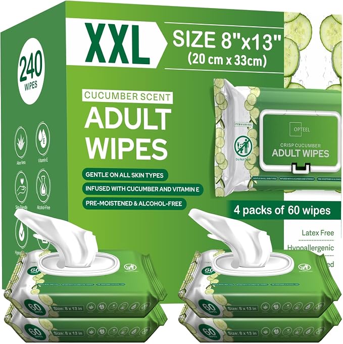 OPTEEL Wipes for Adults – Extra Large 8x13, Scented, Pre-Moistened, 240ct | Rinse-Free, Super Soft, Aloe & Vitamin E Infused Disposable Washcloths for Personal Cleansing & Incontinence Care