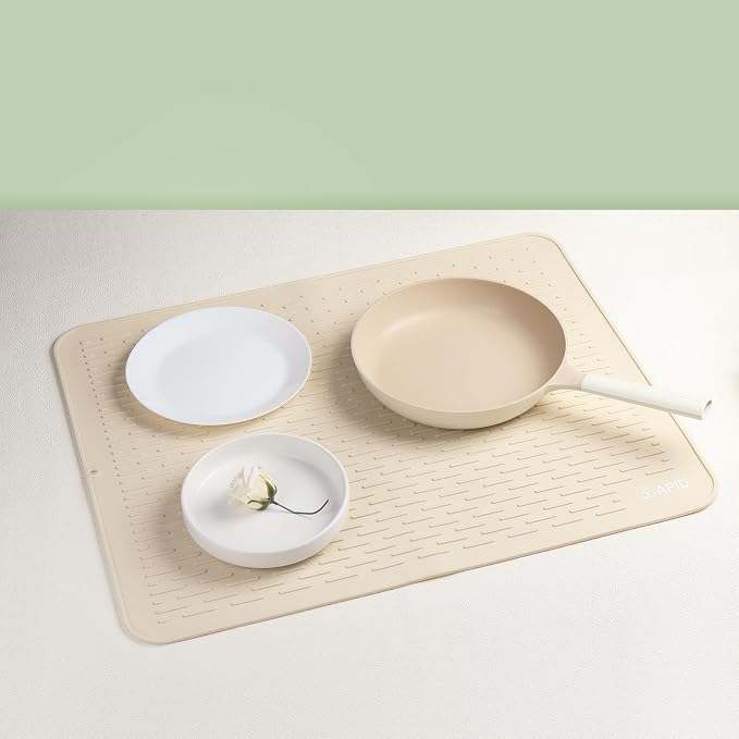 Extra Large 30 x 24 Inch Silicone Dish Drying Mat for Dish Drying Rack , Easy Clean Silicone Drying Mat for Kitchen Counter , Non-Slip Dish Drain Mat , Heat Resistant Silicon Dish Mat, Beige, SAPID