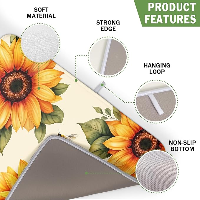 Sunflower Dish Drying Mat 16x18 Inch Absorbent Reversible Summer Drying Mat Sunflower Bee Dish Drying Rack Mat Yellow Summer Themed Dish Drainer Mat for Kitchen Counter Coffee Bar