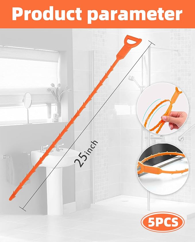 5 Pack 25inch Drain clog remover, Snake Drain Cleaner Hair Clog Remover tool, Shower kitchen sinks and bathtubs, sink snake, hair toilets sewer pipe cleaning tools.