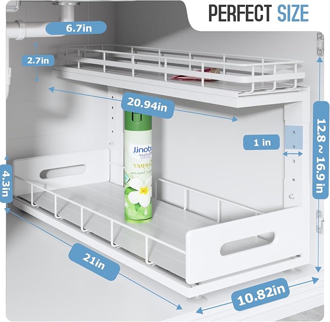 Under Sink Organizer Upgrade To Professional Rails,2-Tier Dual Pull Out Cabinet Storage,Height Adjustable Slide Out Drawers For Bathroom Kitchen,2 Pack-21"Dx12.8"-16.9"H,White