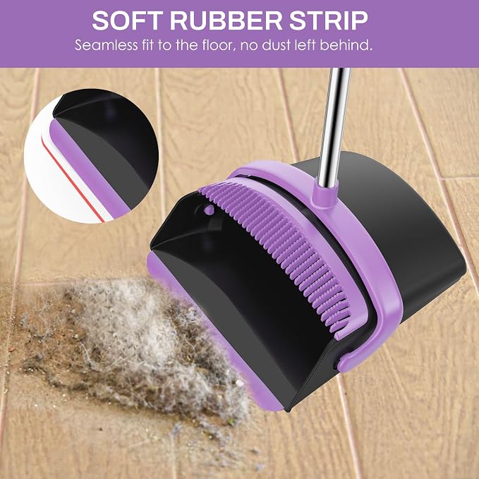 Broom and Dustpan Set for Home, 51-in Long Adjustable Handle Angle Broom and Dustpan Combo Set with Dust Pan Teeth to Clean Hair for Home Kitchen Office Lobby Floor Garden (Black&Purple)