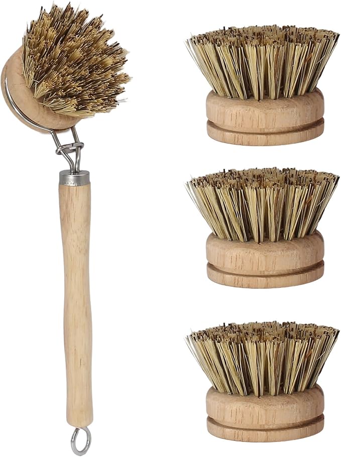 Wooden Dish Brush Set, 4 Natural Bristle Replacement Heads with 1 Sturdy Wooden Handle, Palm Kitchen Scrub Brush for Pots, Pans, Vegetables and Cookware