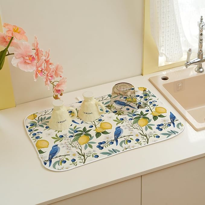 chinoiserie Navy Blue Green Bird Flower Dish Drying Mats 18x24 Inch Vintage Botanical Yellow Lemon Floral Decorative Kitchen Decor Drying Pad Rack Drainer Mats for Kitchen Dining Room Counter