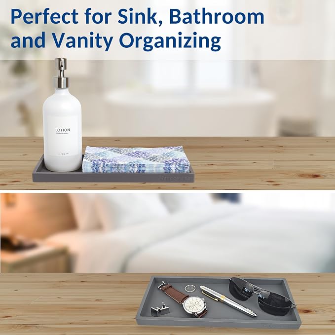 Spacewiser Countertop and Vanity Tray - 2 PC Large 11.7" Silicone Bathroom Trays, Counter Organizer, Dish Soap Sponge Holder Kitchen Sink Tray Organizer, Sink Caddy Toothbrush Key Kitchen Soap Trays