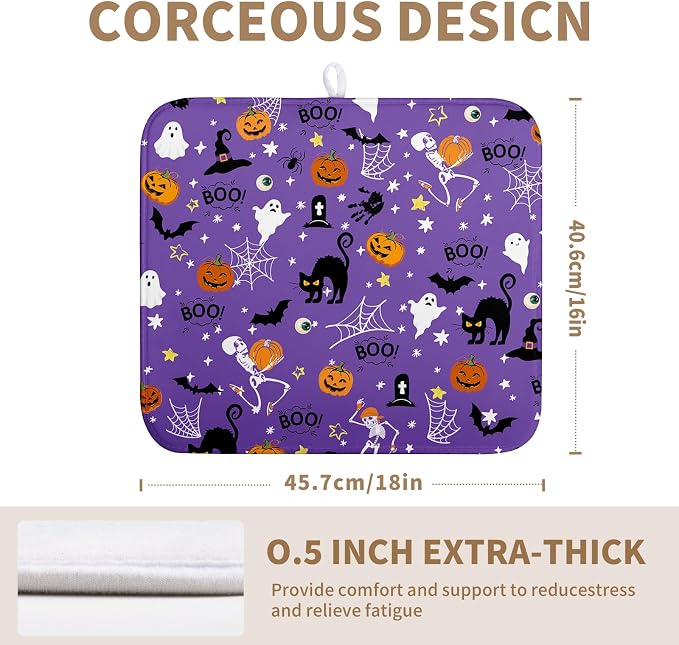 Halloween Dish Drying Mat for Kitchen Counter Cute Cat Boo Bats Skull Drying Mats Purple Fall Holiday Dishes Drying Pad Microfiber Absorbent Reversible Dish Drainer Rack Mat 16"x18"