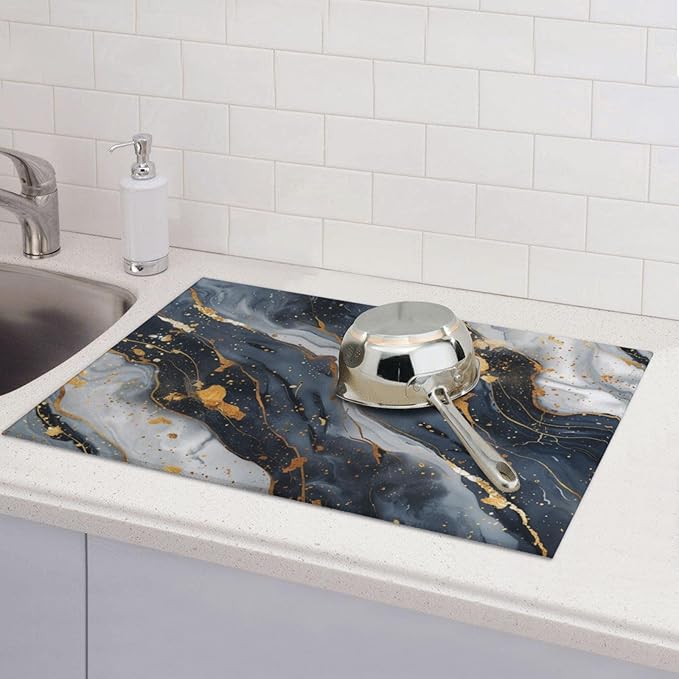 Black Marble Dish Drying Mat For Kitchen Counter, Super Absorbent Microfiber Dish Drying Pad, Kitchen Gadgets For Easy Clean Multi-Use Large 18"x24"