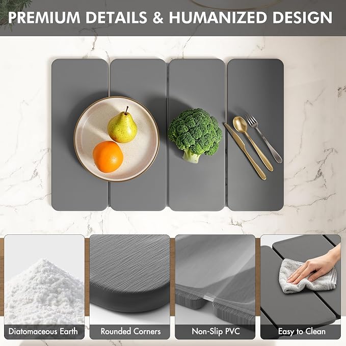 Stone Dish Drying Mat for Kitchen Counter, 24x16 Inch Super Absorbent Diatomaceous Earth Dish Drying Mat with Bamboo Dish Rack, Collapsible Fast Dry Drying Mat for Utensils Dishes Cups