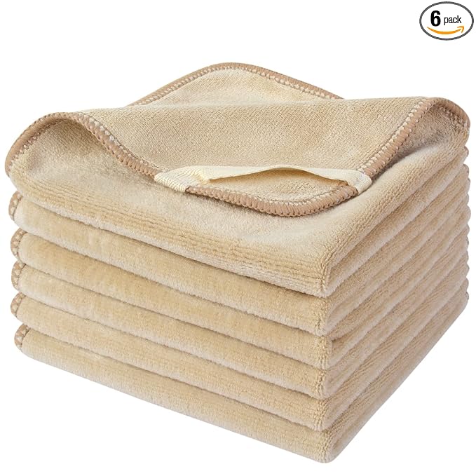 SINLAND Microfiber Facial Cloths Fast Drying Washcloth 12inch x 12inch (6pack, Cream)