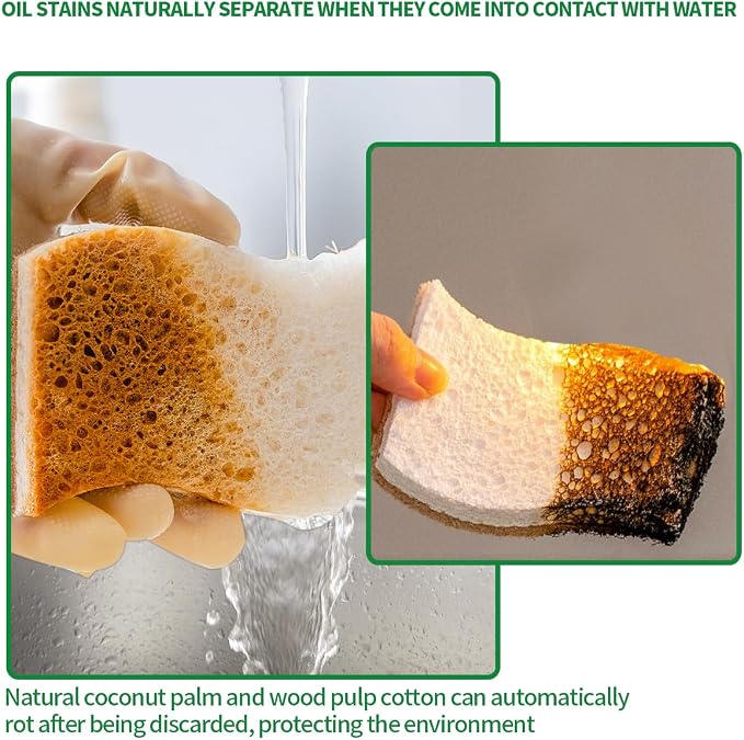 Sponges Kitchen Natural Dish Sponge Plant-Based Biodegradable Compostable Cellulose with Coconut Scrubber Sponge Non Scratch Eco Friendly Kitchen sponges for Kitchen Dishes（Pack of 16）