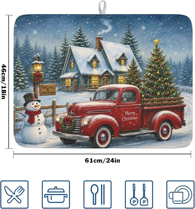 Merry Christmas Dish Drying Mat for Kitchen Counter 18x24 Inch Snowman Truck Dish Drainer Mat Absorbent Microfiber Winter Snowflake Dish Rack Pad for Coffee Dining Bar Decor