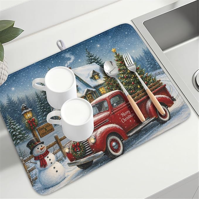 Merry Christmas Dish Drying Mat for Kitchen Counter 18x24 Inch Snowman Truck Dish Drainer Mat Absorbent Microfiber Winter Snowflake Dish Rack Pad for Coffee Dining Bar Decor