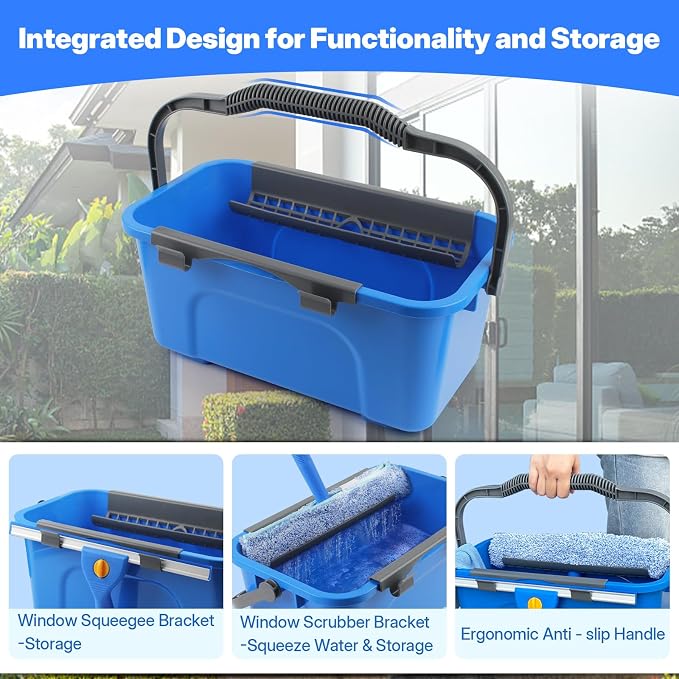 Professional Window Cleaning Kit with Bucket 3 Gallon, 76" Long Handle Window Squeegee and Microfiber Scrubber, High Windows Washing Equipment, Window Cleaner Tool for Commercial, Home, Outdoor, Car