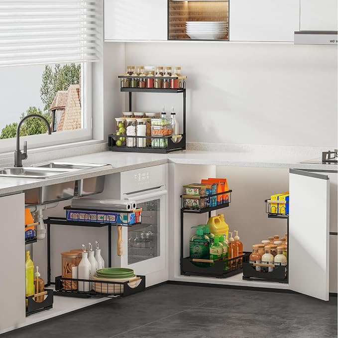 2 Pack 2 Tier Under Sink Organizer and Storage for Bathroom and Kitchen - Under Cabinet Pull Out Shelf Organizers - Sliding Out Drawer Organization for Home Cabinets Shelves and Drawers