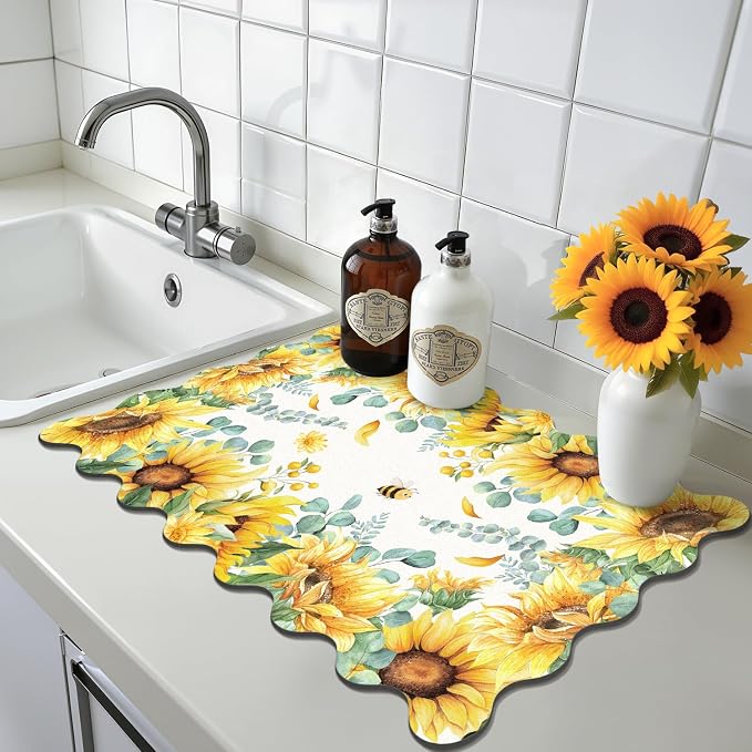 LOKHOM Scalloped Floral Dish Drying Mat, 12"x20" Super Absorbent Coffee Mat with Watercolor Yellow Sunflowers, Cuttable Hide Stain Non-slip Drying Mat for Kitchen Counter Coffee Maker Espresso Machine