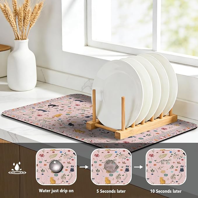 Dish Drying Mat, Vintage Rustic Boho Kitchen Dishes Absorbent Pad, 16x18in | Eco-friendly diatomite with non-slip rubber backing. Super absorbent mat for kitchen counters, coffee bars & sinks