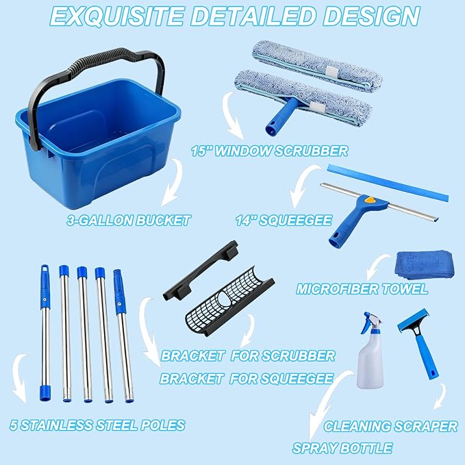 120“Professional Squeegee Window Cleaning Kit with Extension Pole | Streak-Free Silicone Blade,Smooth & Quiet Glide,for Shower Glass Door,Enclosure Cleaning,High Windows