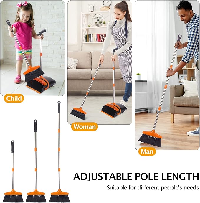Broom and Dustpan Set,54.72" Long Handle,Standing Dustpan,1-Pack | Light Weight Stainless Steel Poles,Upright Dustpan with Broom Combo,for Home Kitchen Office Pet Dog Hair,Black & Orange