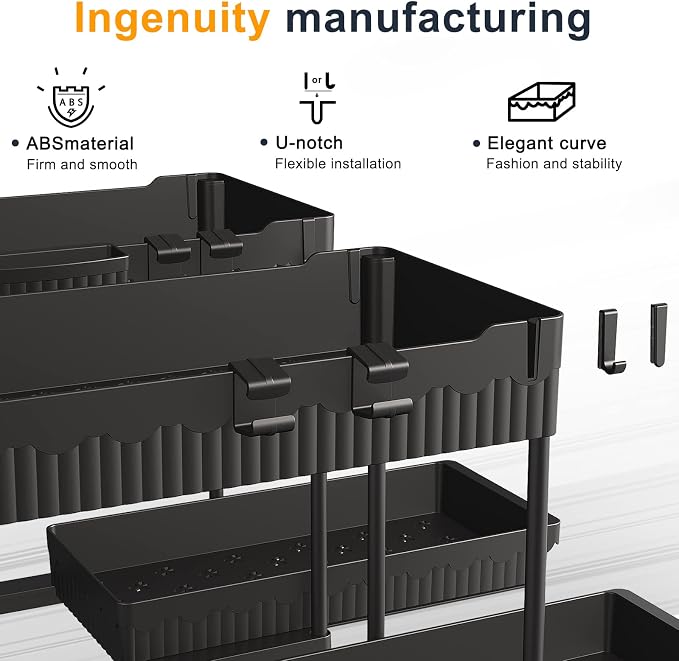 Sevenblue 2 Packs Under Sink Organizer, 2 Tier Under Kitchen Sink Organizer, Multi-Purpose Storage Shelf for Kitchen Bathroom Cabinet, Deep-Black,12.85 Inches