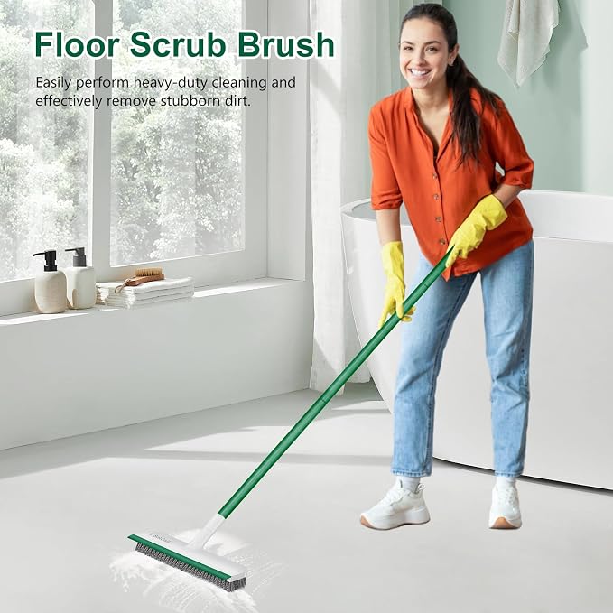 SetSail Floor Scrub Brush, Scrub Brush with Long Handle, White Green | 2 in 1 Scraper Brush Stiff Bristle Floor Scrubber for Cleaning Bathroom Shower Kitchen Garage Deck Tile Tub