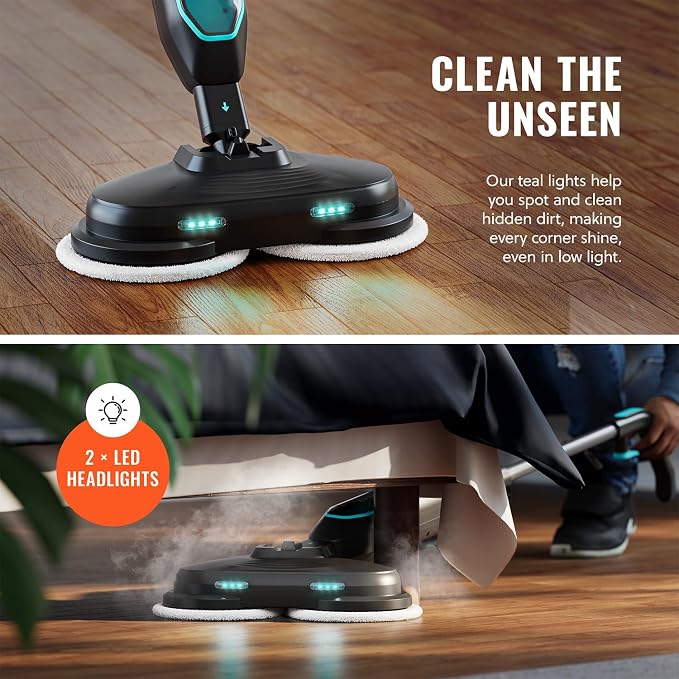 PurSteam ScrubMaster V2 Steam Mop with Dual Scrubbing Head and LED Lights | Dual Scrubbing Head | LED Headlights | Adjustable Steam Control | Anti-Slip Swivel Head | Cable Holder | Upright Lock