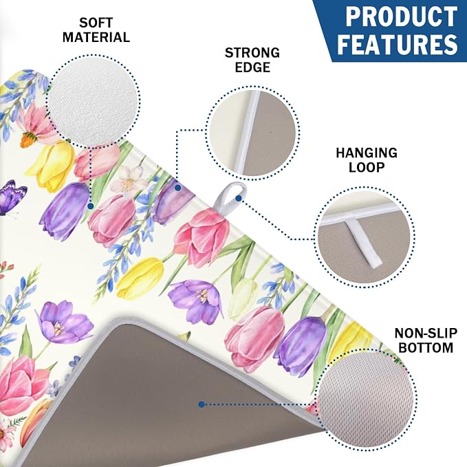 Spring Floral Dish Drying Mat for Kitchen Counter Easter Tulip Lavender Flower Microfiber Dish Drainer Mat Rustic Farmhouse Absorbent Washable Drying Pad Extra Large 18"x24"