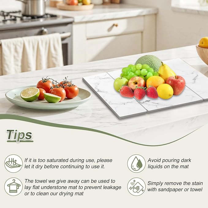 Dish Drying Mat Large Stone Dish Drying Mat For Kitchen Counter Collapsible Quick-Drying Sleek Diatomaceous Versatile Stone Drying Mats For Cups Dishes Bottles Marble (white, 16"×19")