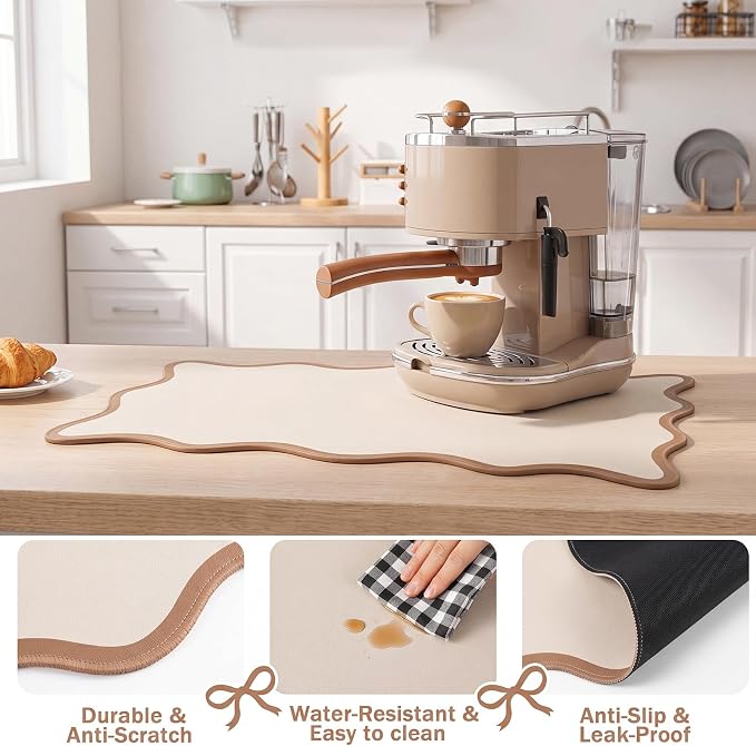 Nuanchu Beige Scalloped Dish Drying Mat for Kitchen Counter, Waterproof Easy Clean Non-slip Coffee Bar Station Accessories, Trendy Cute Aesthetic Modern Drainer Kitchen Drying Mat, 12" x 19"
