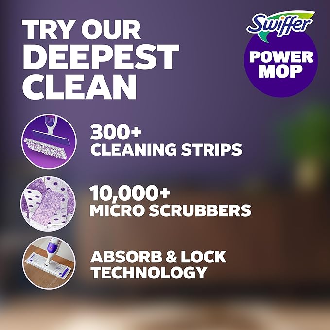 Swiffer PowerMop Mopping Kit for Floor Cleaning, Set Includes 1 Power Mop, 2 Replacement Pads, 1 Liquid Solution Refill, 2 Batteries, No Bucket Needed Electric Spray Cleaner, Multi-Surface and Wood
