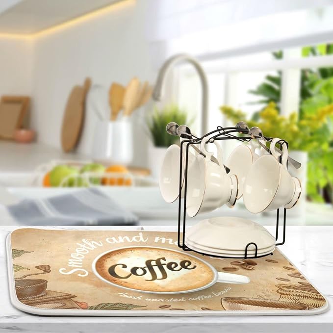 Super Absorbent Dish Drying Mat, Microfiber Fast-Drying Dish Mat, 24" x 18", Kitchen Dish Drying Pad, Coffee Cup Retro Brown