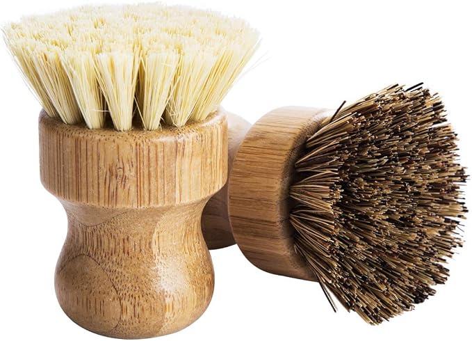 Palm Pot Brush- Bamboo Round 3 Packs Mini Dish Brush Natural Scrub Brush Durable Scrubber Cleaning Kit with Union Fiber and Tampico Fiber for Cleaning Pots, Pans and Vegetables