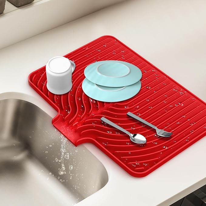Dish Drying Mat for Kitchen Counter, with Built-in Drain Lip, Food-Grade Silicone, Easy Clean Pad for Countertop Protection, Multi-Functional Use (18x11.8, Red)
