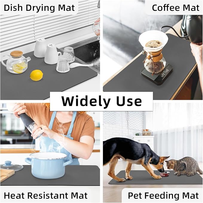 LOPNUR Kitchen Dish Drying Mat, 31.5"x17" Extra Large Dish Drying Mats for Kitchen Counter, Diatomite Coffee Mat, Super Absorbent Dish Drying Pad, Heat Resistant Mat with Anti-slip Rubber Backed, Grey