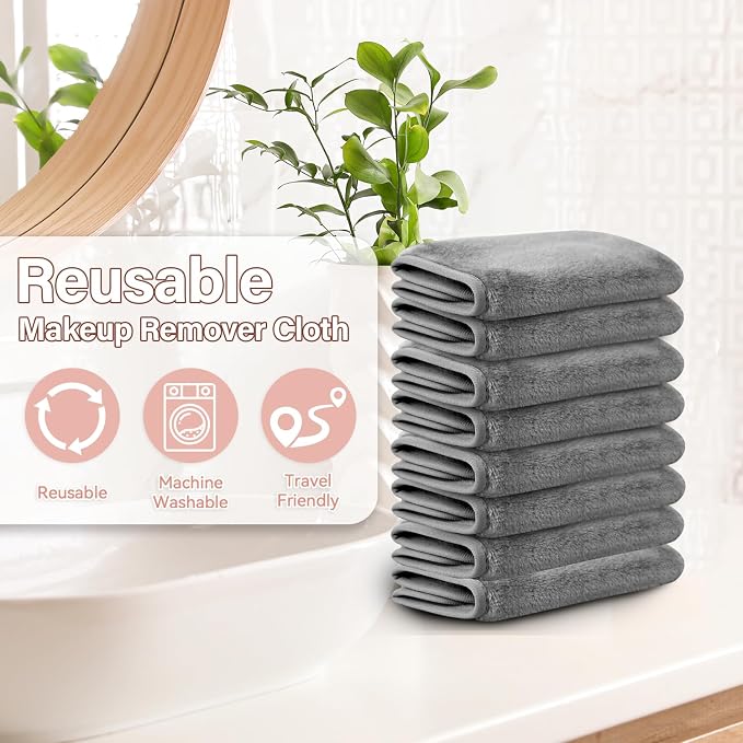 Nugilla Makeup Remover Cloths, 8 Packs Makeup Remover Towels Reusable Face Wash Cloth, Soft Microfiber Face Cloth for Women(Cool Grey)