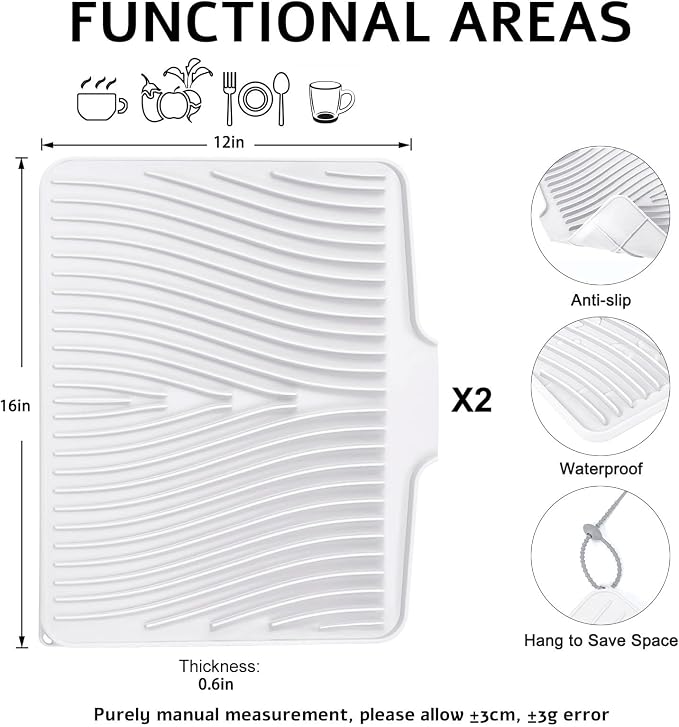 TIKNIK Silicone Dish Drying Mat for Kitchen Counter - Heat Resistant & Non-Slip Dish Drain Pad with Built-In Drain, Dishwasher Safe, Quick-Dry, Hangable & Roll-Up for Storage, White-2pcs, 16" x 12"