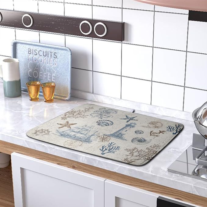 Nautical Coastal Dish Drying Mat for Kitchen Counter Summer Ocean Sailboat Starfish Seashell Absorbent Microfiber Dish Mat Reusable Washable Dish Drainer Rack Mat 18x24 Inch