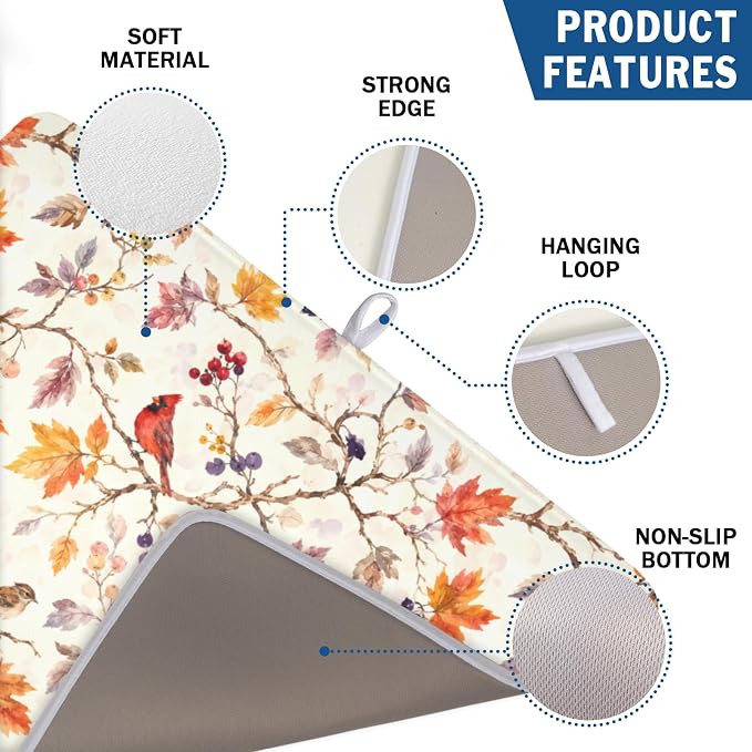Fall Dish Drying Mat for Kitchen Counter Autumn Harvest Watercolor Maple Leaves Birds Dish Drainer Mat Rustic Farmhouse Absorbent Washable Drying Pad 18"x24"