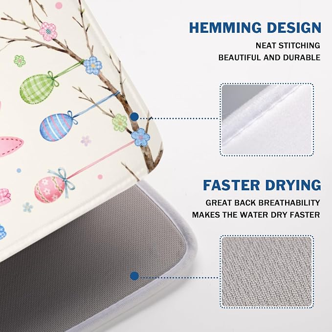 Easter Bunny Dish Drying Mat for Kitchen Counter 18 x 24 Inch Rabbit Eggs Dish Drainer Mat Absorbent Microfiber Dish Rack Pad for Spring Holiday Coffee Dining Bar Decor