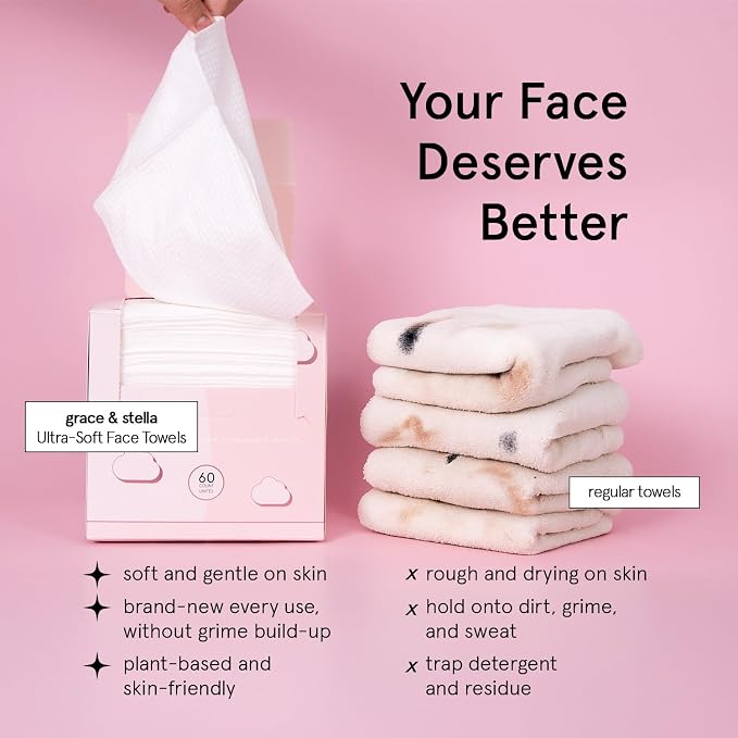 grace & stella Face Towels Disposable - Travel Essentials - Ultra-Soft & Absorbent Face Wipes Towelettes - XL Facial Towels for Cleansing & Makeup Removal - Lint-Free Facial Tissue - Vegan (60 Count)