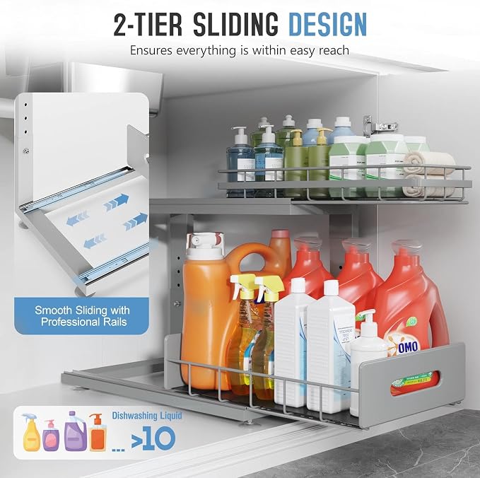 Under Sink Organizer Upgrade To Professional Rails,2-Tier Dual Pull Out Cabinet Storage,Height Adjustable Slide Out Drawers For Bathroom Kitchen,2 Pack-16.7"Dx12.8"-16.9"H,Gun Gray