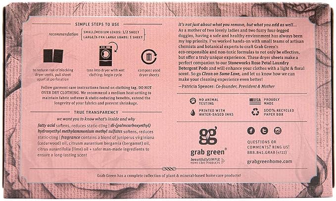 Grab Green Stoneworks Dryer Sheets, 160 Count, Fragrance Free, Compostable | Softens fabrics; Reduces Static; Cruelty-free; Plant & Mineral Based; No Harsh Chemicals