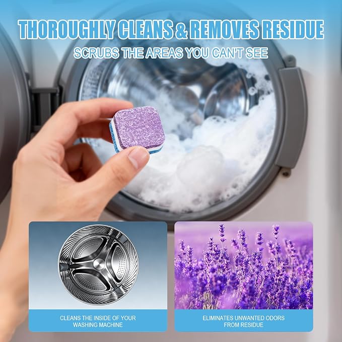 Washing Machine Cleaner Tablets - 24 Pack (12 Month Supply) | HE Compatible for Top & Front Load Washers | Pet-Safe Formula Eliminates Odors, Lint & Detergent Buildup (Lavender scent)