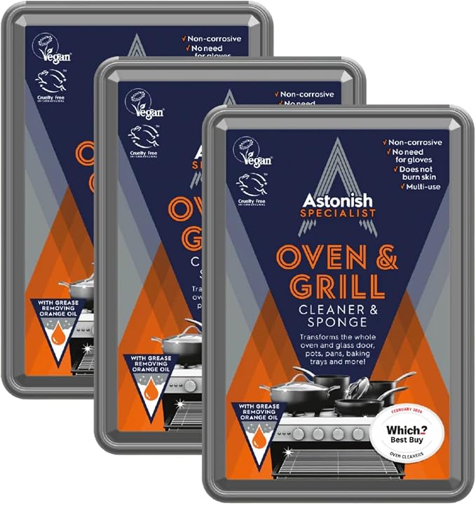 Astonish Specialist Oven & Grill Cleaner & Sponge, 250g – Heavy Duty Degreaser Paste with Orange Oil – Restores Shine to Ovens, Grills & Racks – No Harsh Chemicals, 3 Pack