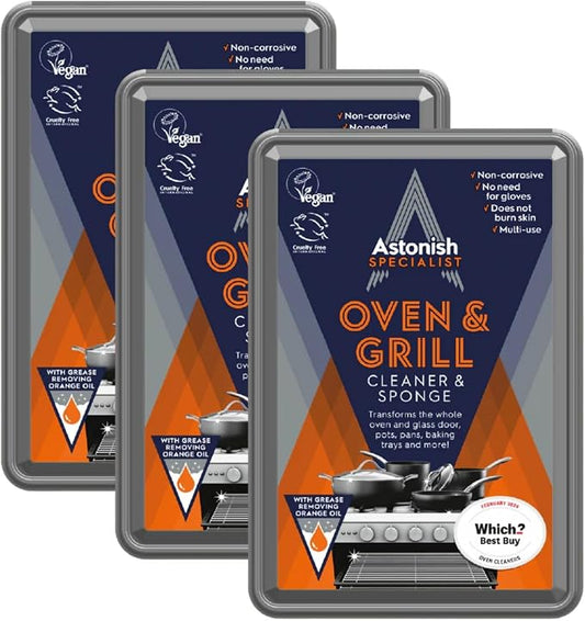 Astonish Specialist Oven & Grill Cleaner & Sponge, 250g – Heavy Duty Degreaser Paste with Orange Oil – Restores Shine to Ovens, Grills & Racks – No Harsh Chemicals, 3 Pack