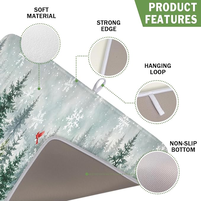 Winter Forest Snowflake Dish Drying Mat for Kitchen Counter 16"x18" | Christmas Green Pine Trees Birds Dish Drainer Mat Rustic Winter Holiday Absorbent Washable Drying Pad