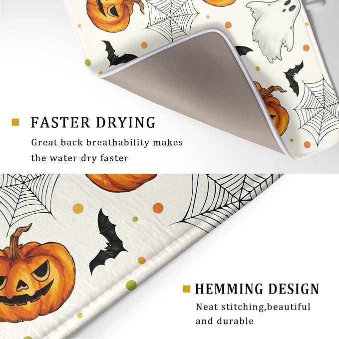Halloween Dish Drying Mat for Kitchen Counter Ghost Pumpkin Festival Microfiber Absorbent Dish Draining Reusable Washable Foldable Extra Large 18"x24"